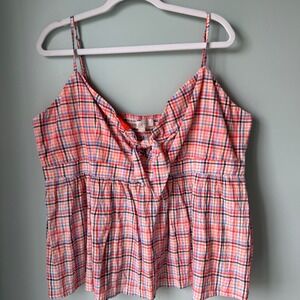 Loft Pink Plaid Cami Top Smocked Cotton Stretch Bow Tie Picnic Festival Size XL
